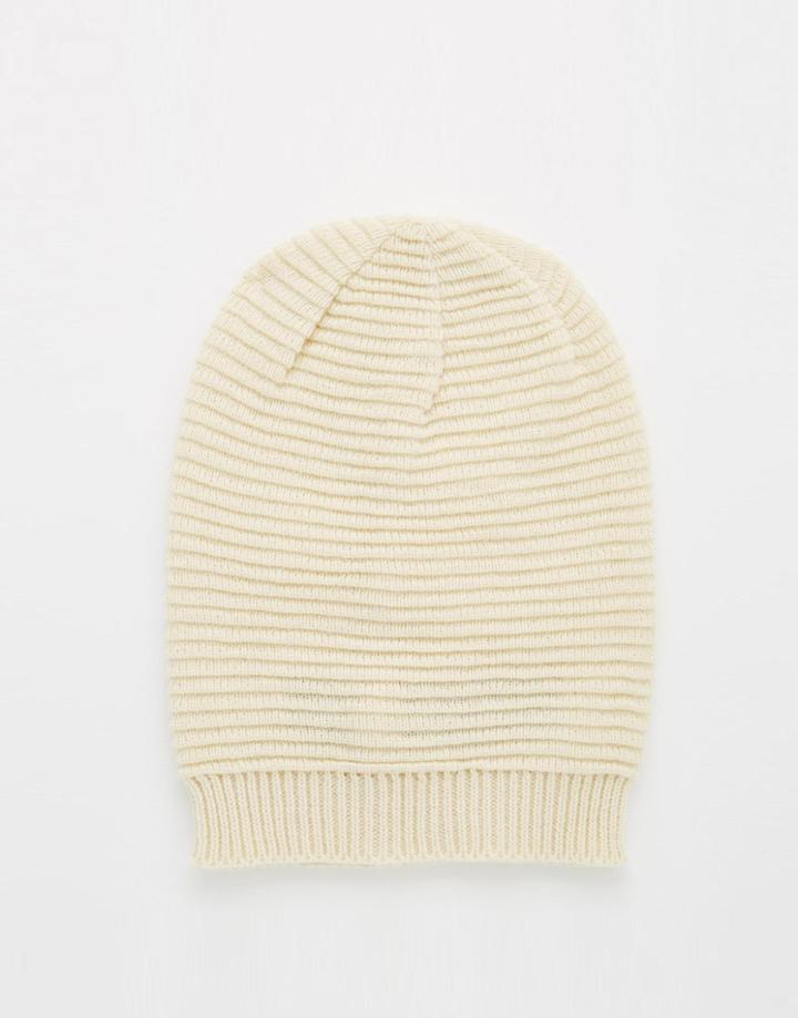 Asos Ribbed Slouchy Beanie In Ecru - Ecru