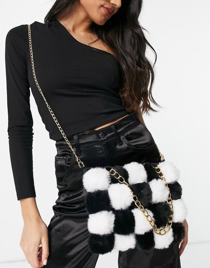 Ego Cross Body Bag With Chunky Chain Handle In Mono Faux Fur-multi