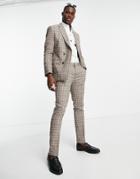 Topman Slim Pants In Brown Plaid