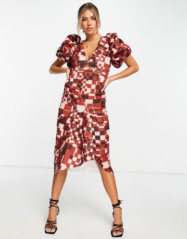 Asos Design Ruched Puff Sleeve Plunge Tuck Pencil Midi Dress In Geo Print-multi
