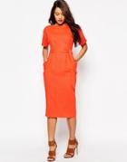 Asos Belted Wiggle Dress In Linen - Orange