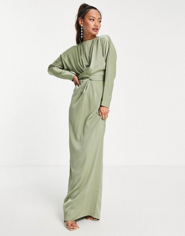 Asos Design Bridesmaid Maxi Dress With Batwing Sleeve And Wrap Waist In Satin In Olive-green