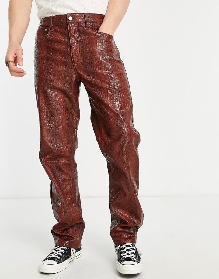 Asos Design Straight Jeans In Red Croc Leather Look