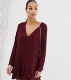 Missguided Button Through Pleated Hem Mini Dress In Burgundy - Red