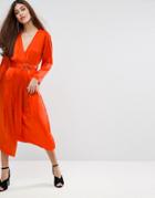 Warehouse Premium Silk Wrap Front Midi Dress - Orange
