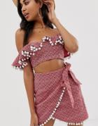 Asos Design Jacquard Pom Pom Wrap Beach Two-piece Skirt-red