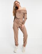 Skylar Rose Off Shoulder Drawstring Waist Jumpsuit In Taupe-neutral