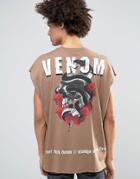 Asos Super Oversized T-shirt With Skull Back Print In Brown - Brown