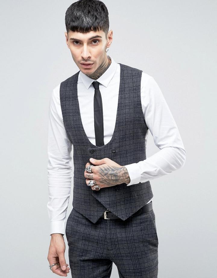 Noose & Monkey Super Skinny Db Vest In Brushed Check - Gray