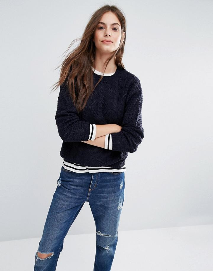 Brave Soul Cable Knit Step Hem Jumper - Navy