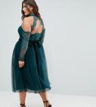 Asos Curve Premium Tulle Cold Shoulder Midi Prom Dress - Green