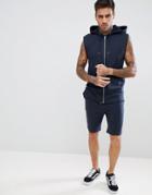 Asos Design Tracksuit Sleeveless Zip Thru Hoodie/skinny Shorts In Navy - Navy