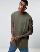 Asos Super Oversized Longline T-shirt With Roll Sleeve In Green - Green