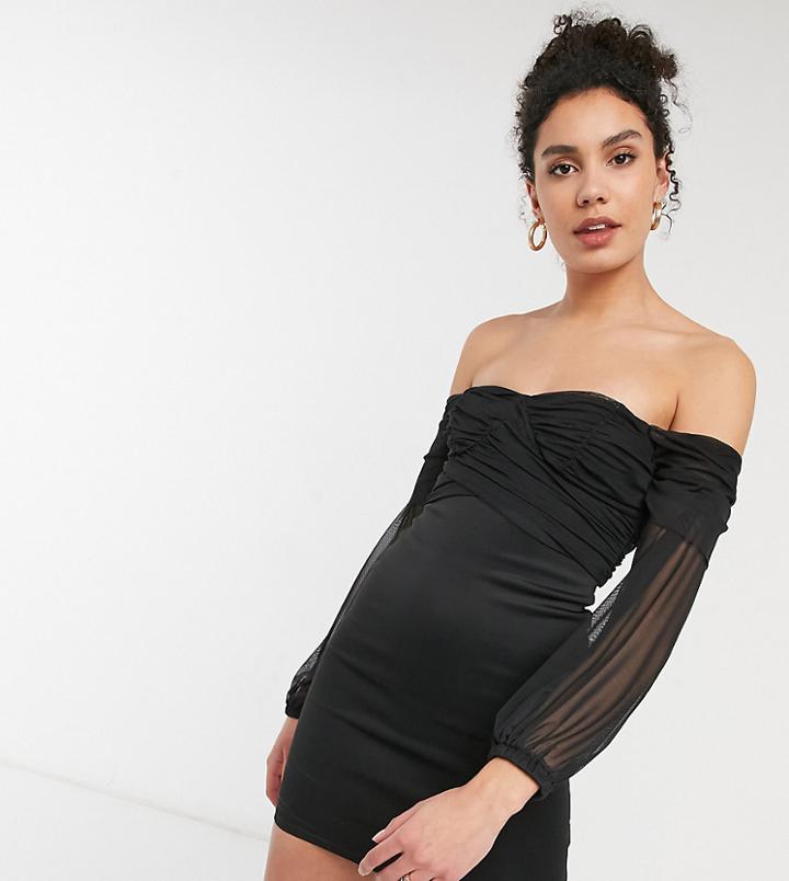 Asos Design Tall Exclusive Cross Front Mesh Bardot Sleeve Mini Dress In Black
