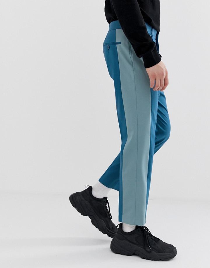 Asos Design Slim Crop Smart Pants In Half And Half Blue Tones - Blue