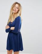 Brave Soul Stephens Long Sleeve Dress With Lace Insert - Navy