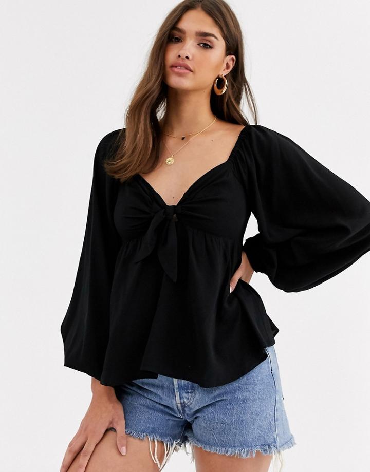 Asos Design Top With Volume Sleeve And Tie Front Detail-black