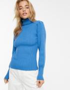 Moon River Volume Sleeve Roll Neck Sweater-blue