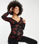 New Look Maternity Nursing Long Sleeve Wrap Tee In Red Floral-black