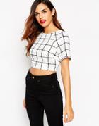 Asos Kimono Crop Top With Obi Tie Back In Grid Print - Print