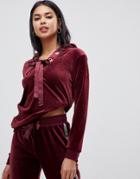 Hunkemoller Velour Lace Up Loungewear Hoodie With Glitter Side Stripes - Red