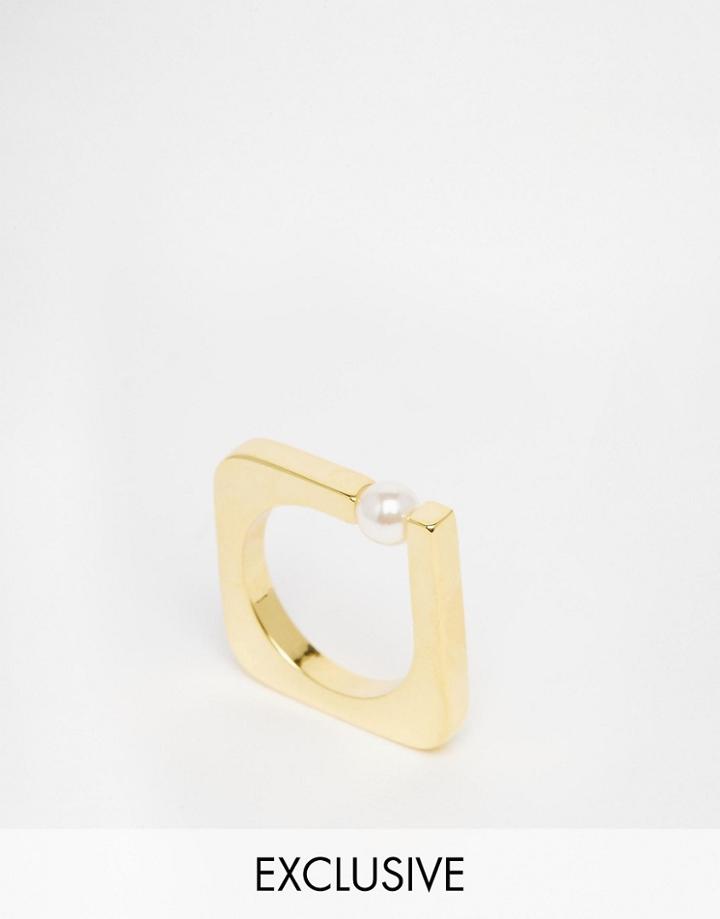 Monki Angular Shape Ring With Pearl - Gold