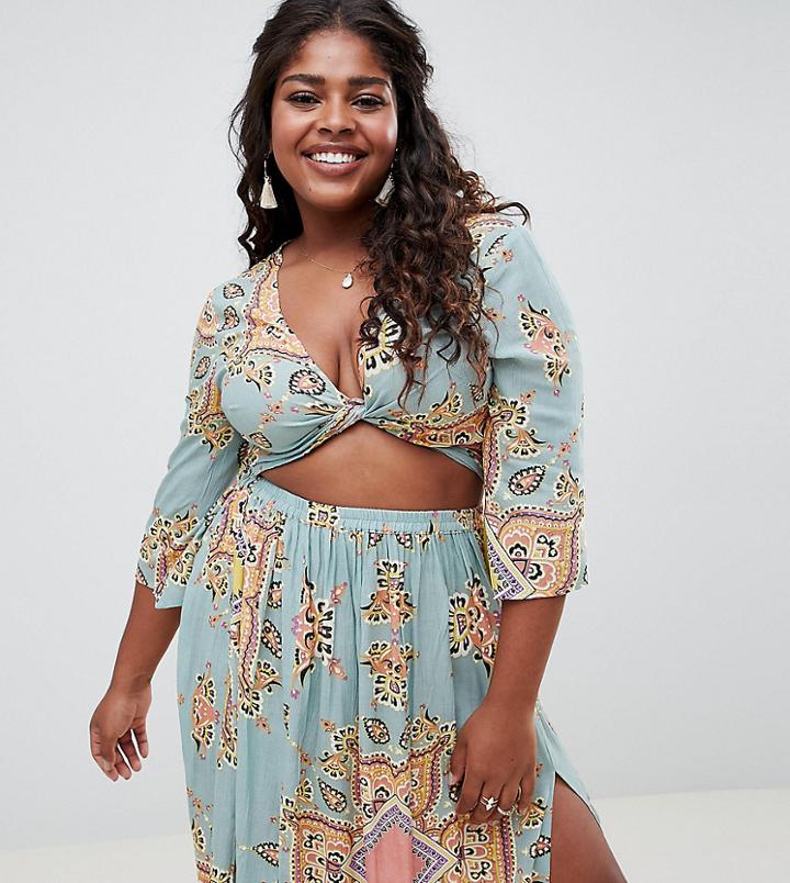 Asos Design Curve Mint Paisley Print Two-piece Tie Front Beach Top - Multi