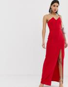 Ax Paris Bandeau Maxi Dress With Thigh Split - Red