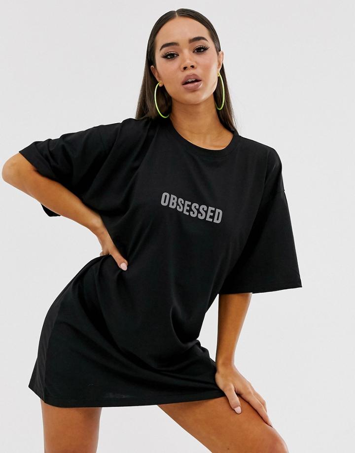 Public Desire Oversized T-shirt Dress With Reflective Obsessed Print-black