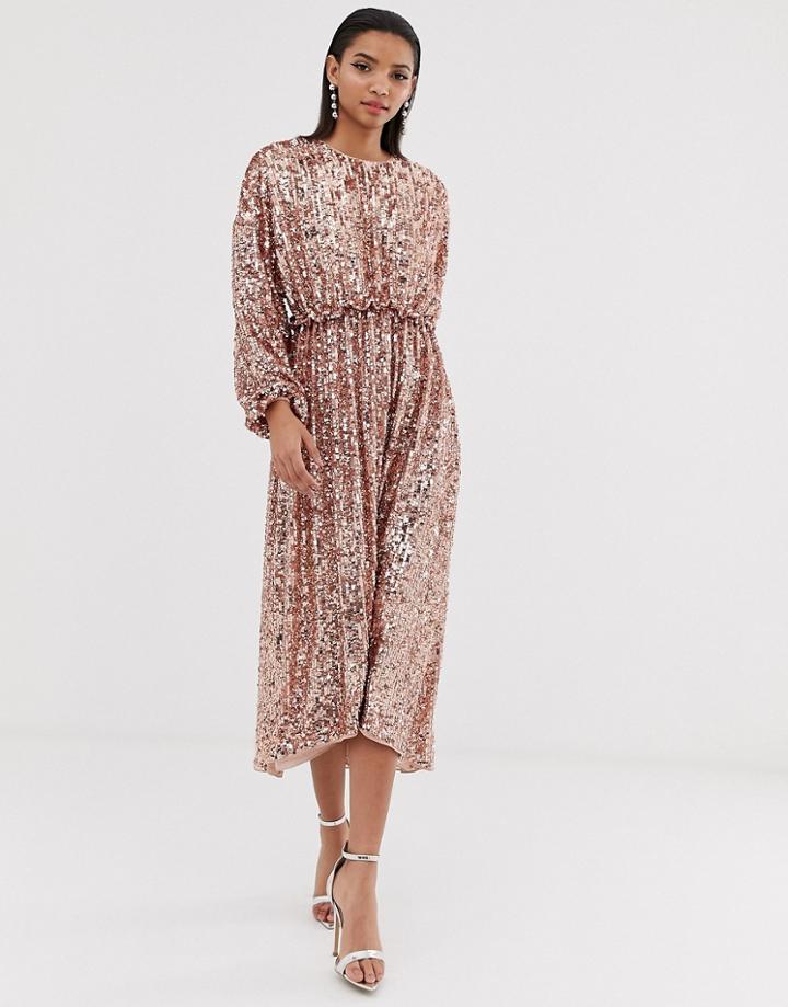 Asos Edition Open Back Waisted Midi Dress In Sequin-silver