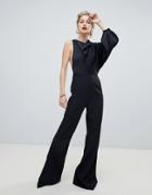 Asos Design One Shoulder Cowl Neck Satin Top Jumpsuit - Black