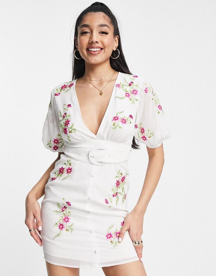 Asos Design Mini Tea Dress With Pop Floral Embroidery In White