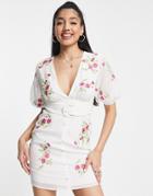 Asos Design Mini Tea Dress With Pop Floral Embroidery In White