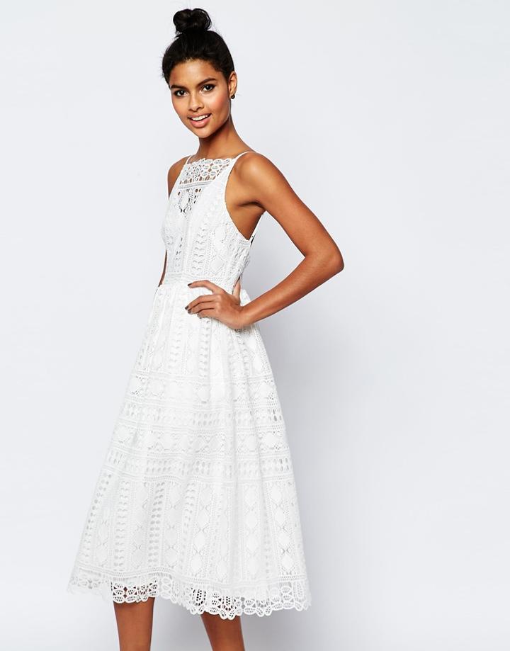 Asos Premium Occassion Midi Dress In Geo Lace - White