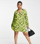 Vero Moda Curve Wrap Front Mini Dress In Lime Splatter Check-green