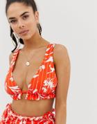 Asos Design Fuller Bust Frill Triangle Bikini Top In Flamenco Floral Stripe Print Dd-g-red