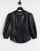 Muubaa Volume Sleeve Collarless Leather Top In Black