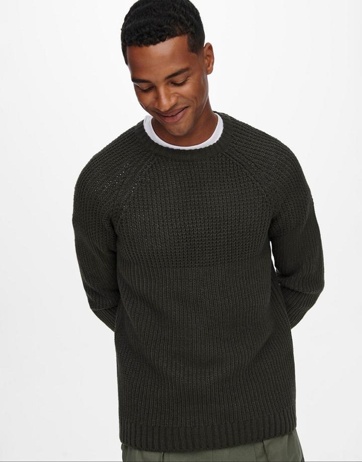 Only & Sons Textured Raglan Sweater In Green