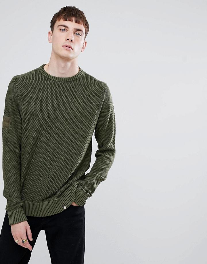 Pretty Green Textured Crew Neck Sweater In Khaki