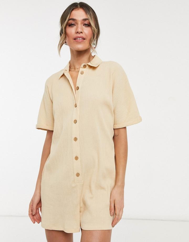 Asos Design Button Up Romper In Stone-neutral