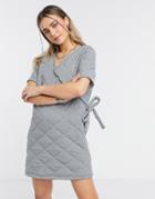 Asos Design Quilted Puff Sleeve Wrap Mini Dress In Gray-grey