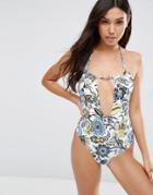 Asos Baroque Paisley Print Braid Trim Plunge Swimsuit - Multi