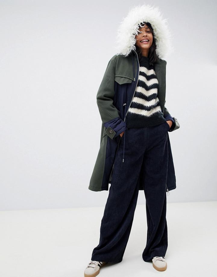 Asos Design Quilted Hybrid Parka With Faux Fur Hood - Multi