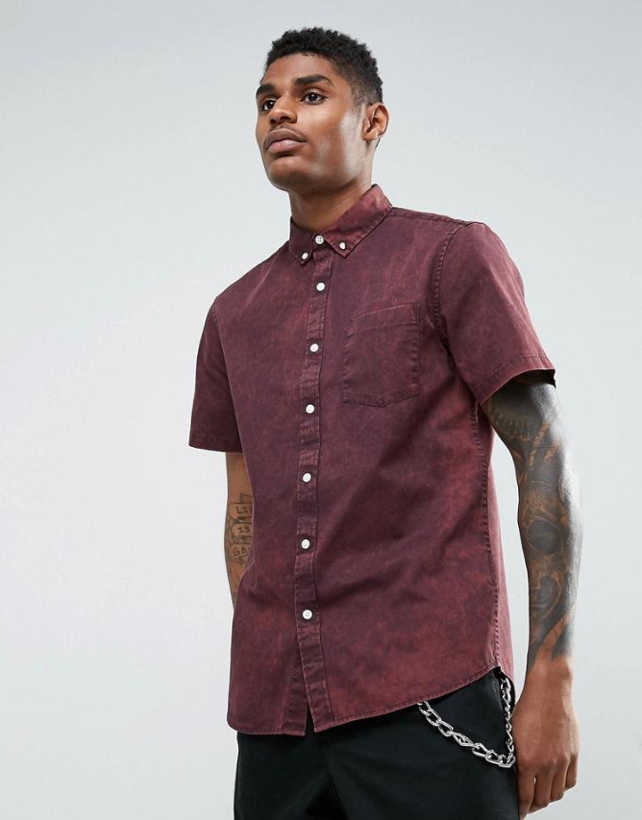 Asos Regular Fit Acid Wash Shirt With Abrasions In Burgundy - Red