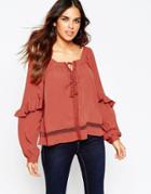 Asos Lace Insert Blouse With Ruffle Sleeve - Rust