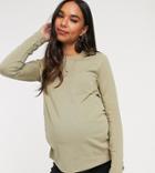 Asos Design Maternity Organic Cotton Crew Neck Long Sleeve T-shirt In Khaki