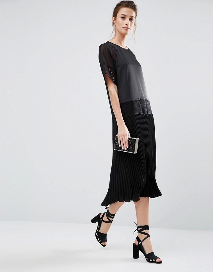 Warehouse Lace Insert Midi Dress With Pleated Hem - Multi