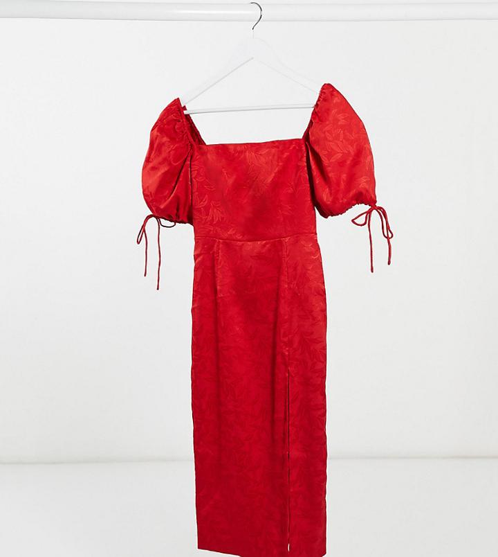 Collective The Label Petite Square Neck Balloon Sleeve Midi Dress With Thigh Split In Textured Red