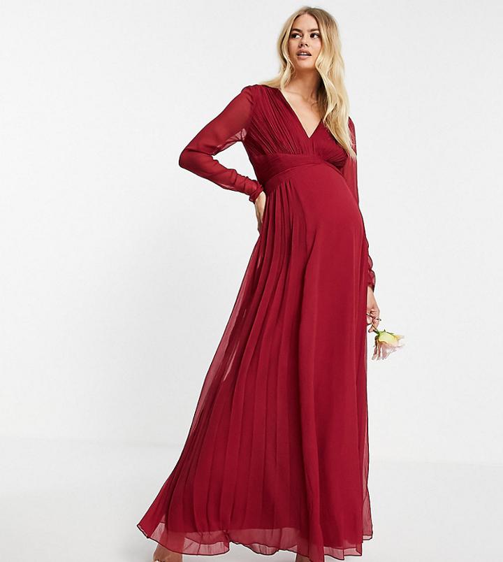 Asos Design Maternity Bridesmaid Ruched Waist Maxi Dress With Long Sleeves And Pleat Skirt-red