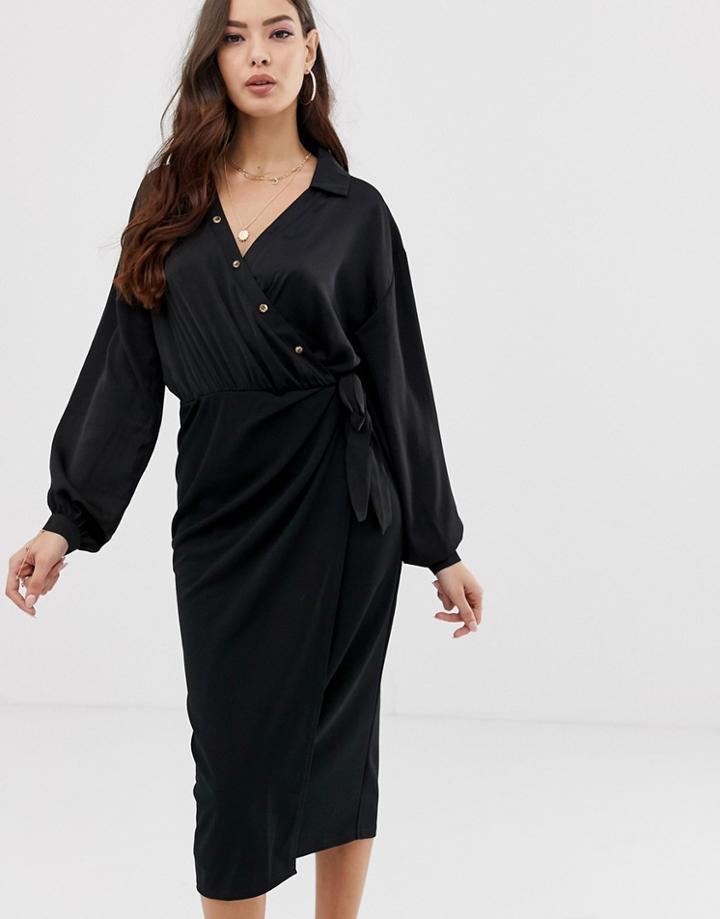 Asos Design Satin Mix Wrap Midi Shirt Dress - Black